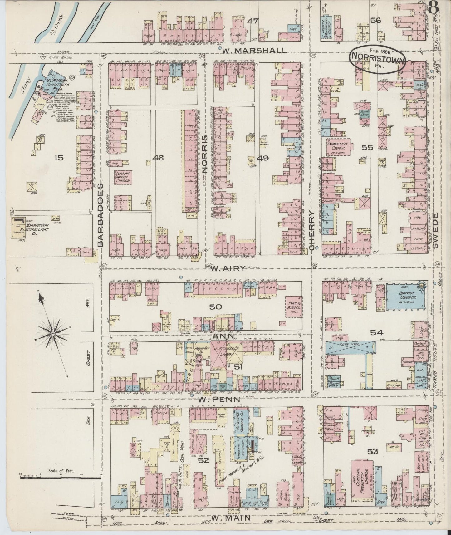 Sanborn Fire Insurance Map from Norristown, Montgomery County, Pennsylvania (1886), Sheet #0008 - Historic Sanborn Fire Insurance Map Print, vintage old map wall art, antique decor, genealogy gift, Pennsylvania Pennsylvania map