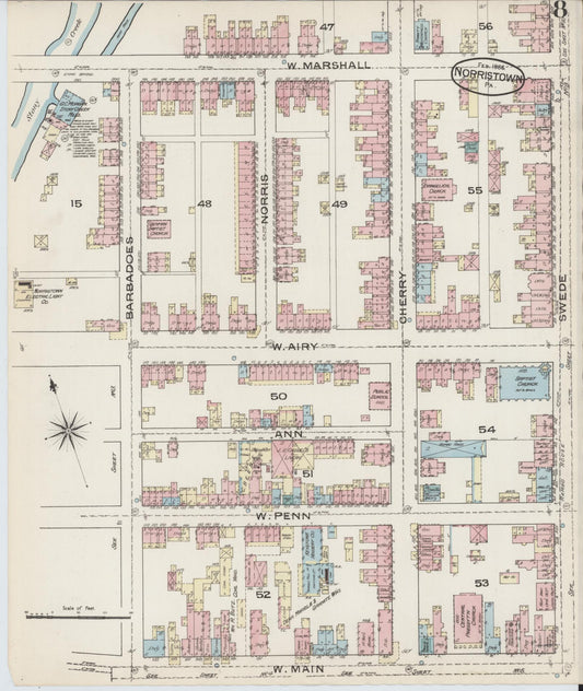 Sanborn Fire Insurance Map from Norristown, Montgomery County, Pennsylvania (1886), Sheet #0008 - Historic Sanborn Fire Insurance Map Print, vintage old map wall art, antique decor, genealogy gift, Pennsylvania Pennsylvania map