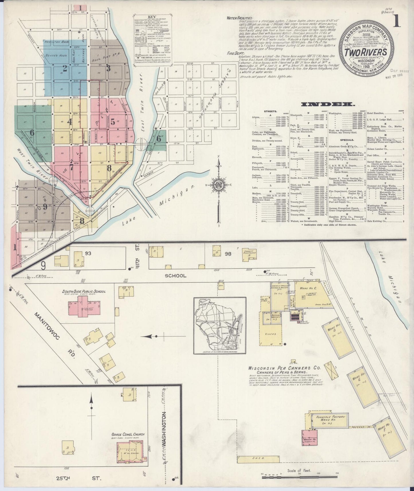 Sanborn Fire Insurance Map from Two Rivers, Manitowoc County, Wisconsin (1913), Sheet #0001 - Historic Sanborn Fire Insurance Map Print, vintage old map wall art, antique decor, genealogy gift, Wisconsin Wisconsin map