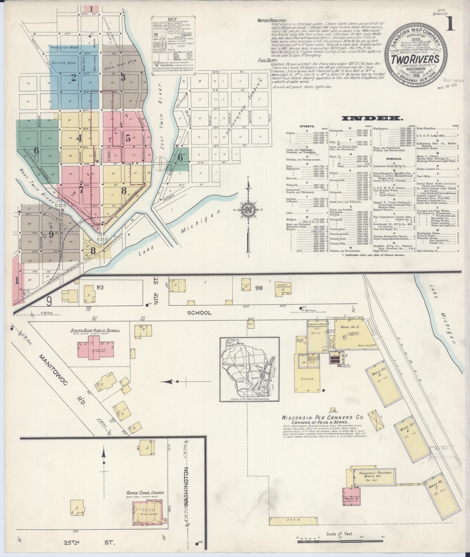 Sanborn Fire Insurance Map from Two Rivers, Manitowoc County, Wisconsin (1913), Sheet #0001 - Historic Sanborn Fire Insurance Map Print, vintage old map wall art, antique decor, genealogy gift, Wisconsin Wisconsin map