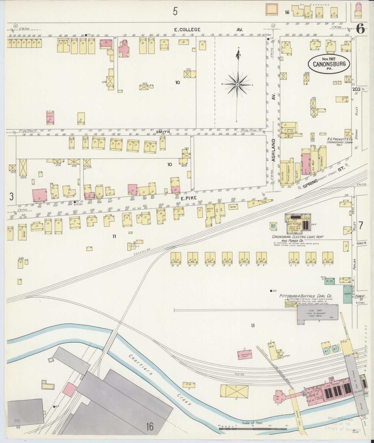 Sanborn Fire Insurance Map from Canonsburg, Washington County, Pennsylvania (1907), Sheet #0006 - Historic Sanborn Fire Insurance Map Print, vintage old map wall art, antique decor, genealogy gift, Pennsylvania Pennsylvania map
