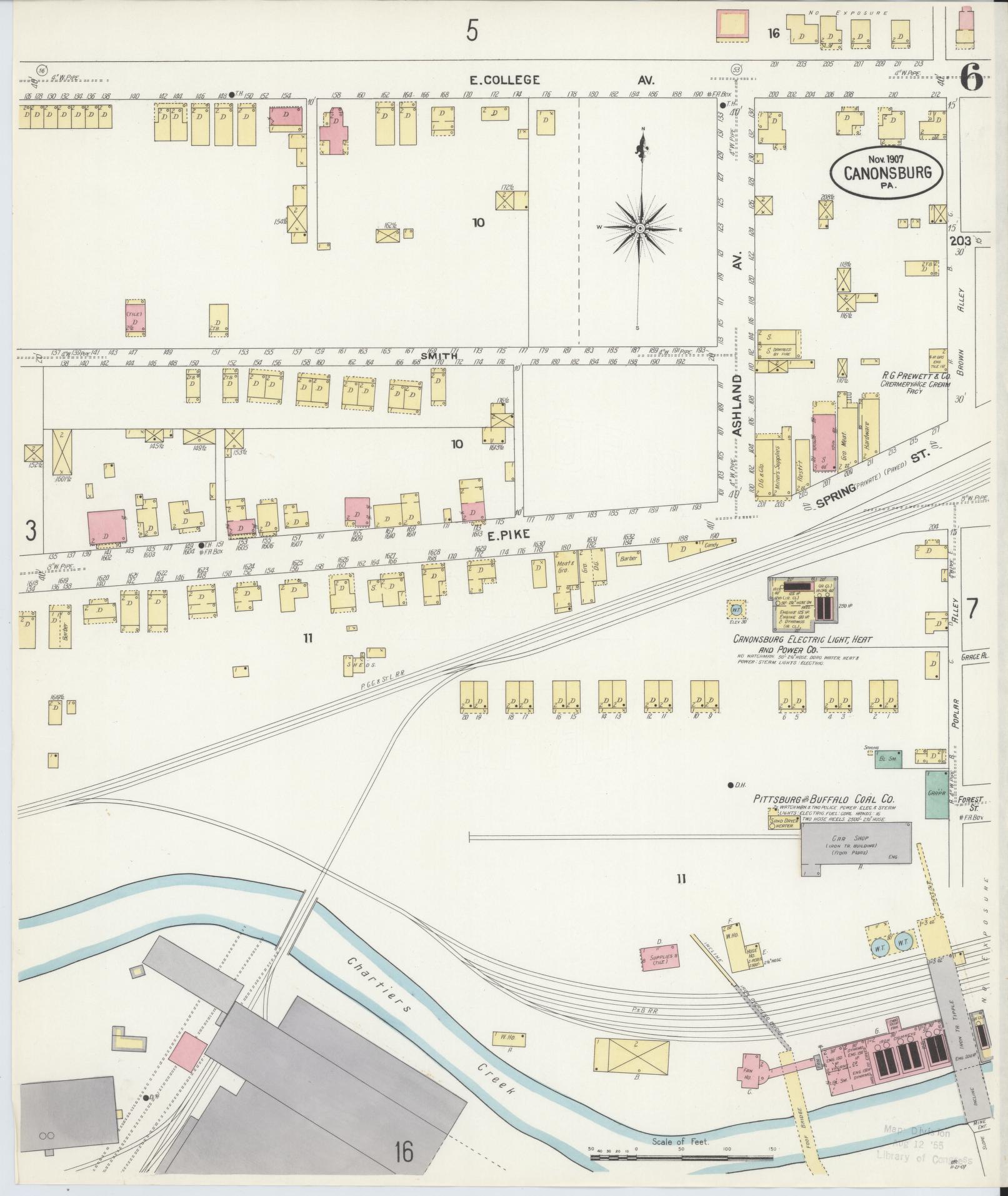 Sanborn Fire Insurance Map from Canonsburg, Washington County, Pennsylvania (1907), Sheet #0006 - Historic Sanborn Fire Insurance Map Print, vintage old map wall art, antique decor, genealogy gift, Pennsylvania Pennsylvania map