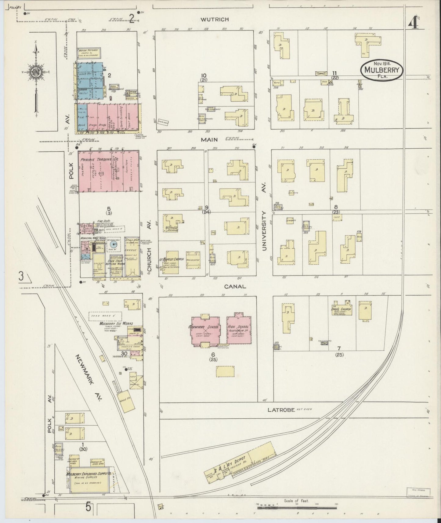 Sanborn Fire Insurance Map from Mulberry, Polk County, Florida (1914), Sheet #0004 - Complete Map Set gallery image, historic Sanborn map, vintage wall art, Florida Florida