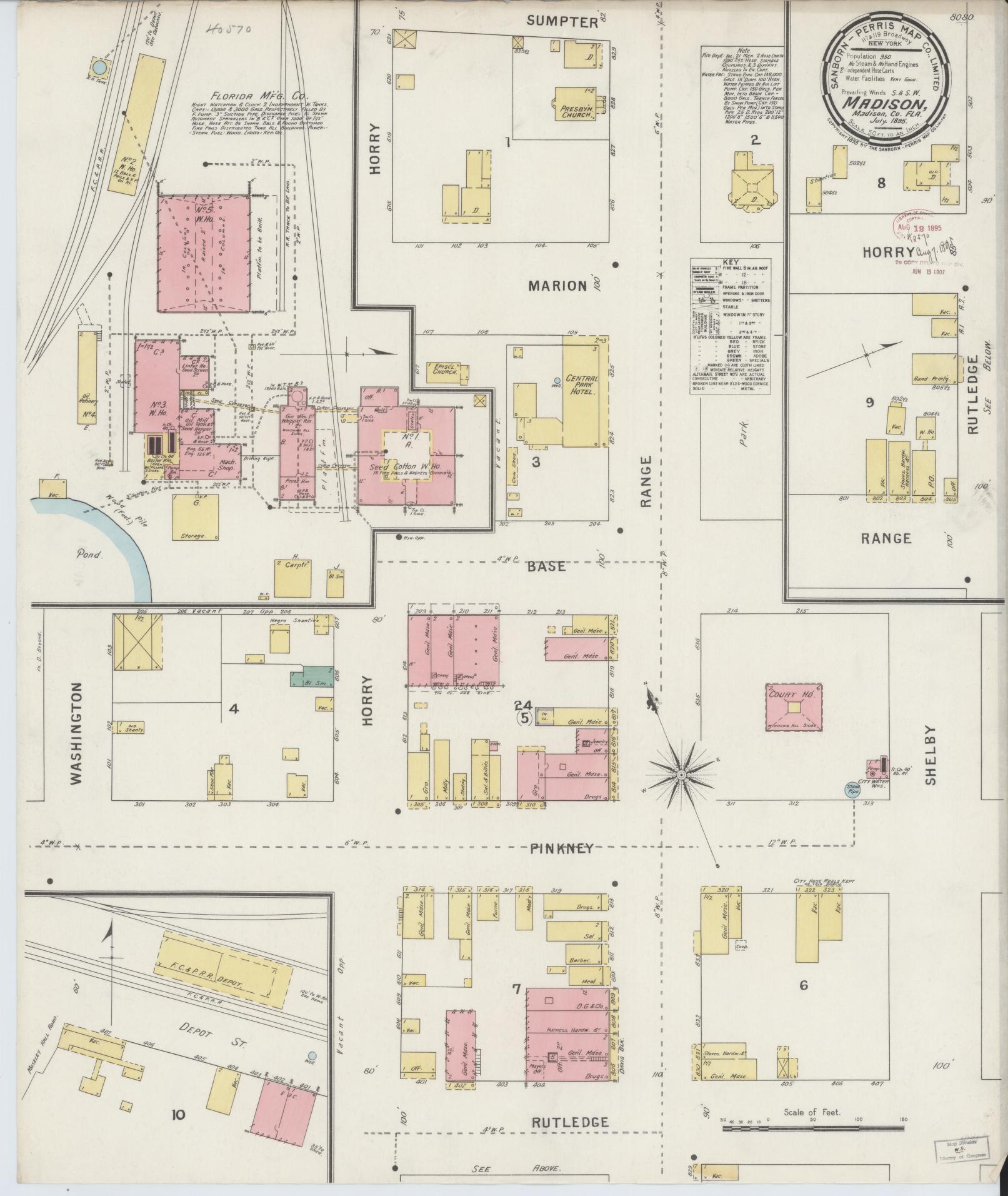 Sanborn Fire Insurance Map from Madison, Madison County, Florida (1895), Sheet #0001 - Historic Sanborn Fire Insurance Map Print, vintage old map wall art, antique decor, genealogy gift, Florida Florida map