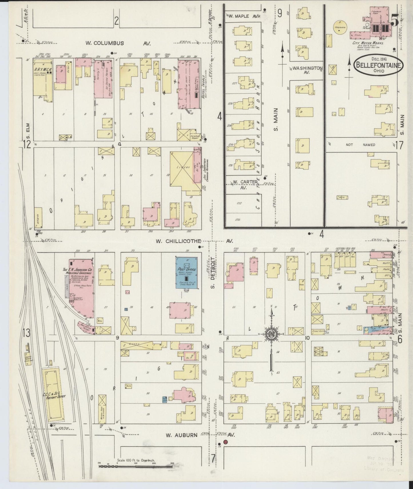 Sanborn Fire Insurance Map from Bellefontaine, Logan County, Ohio (1914), Sheet #0005 - Historic Sanborn Fire Insurance Map Print, vintage old map wall art, antique decor, genealogy gift, Ohio Ohio map