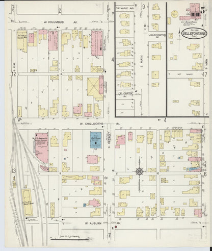 Sanborn Fire Insurance Map from Bellefontaine, Logan County, Ohio (1914), Sheet #0005 - Historic Sanborn Fire Insurance Map Print, vintage old map wall art, antique decor, genealogy gift, Ohio Ohio map
