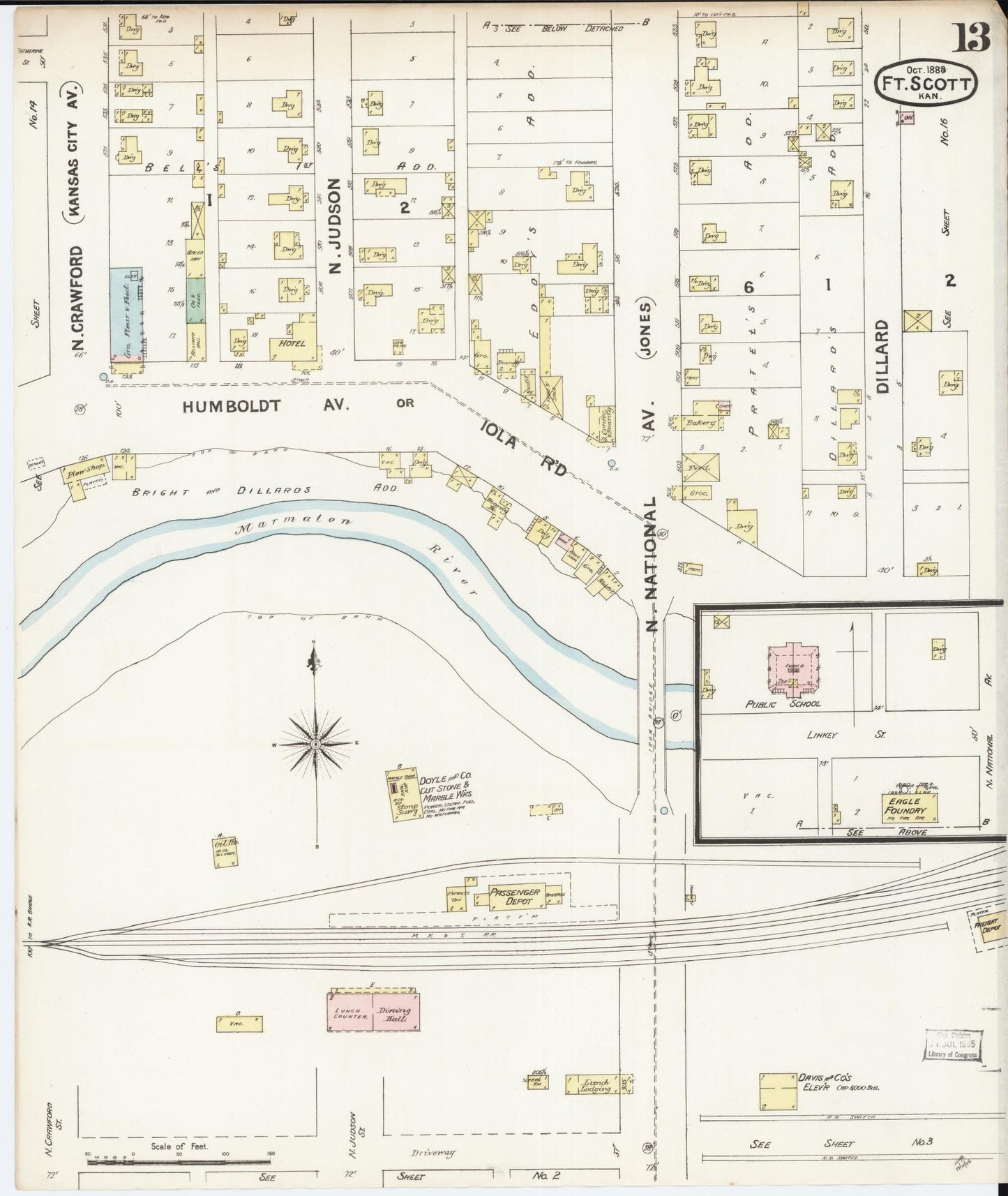 Sanborn Fire Insurance Map from Fort Scott, Bourbon County, Kansas (1888), Sheet #0013 - Historic Sanborn Fire Insurance Map Print, vintage old map wall art, antique decor, genealogy gift, Kansas Kansas map