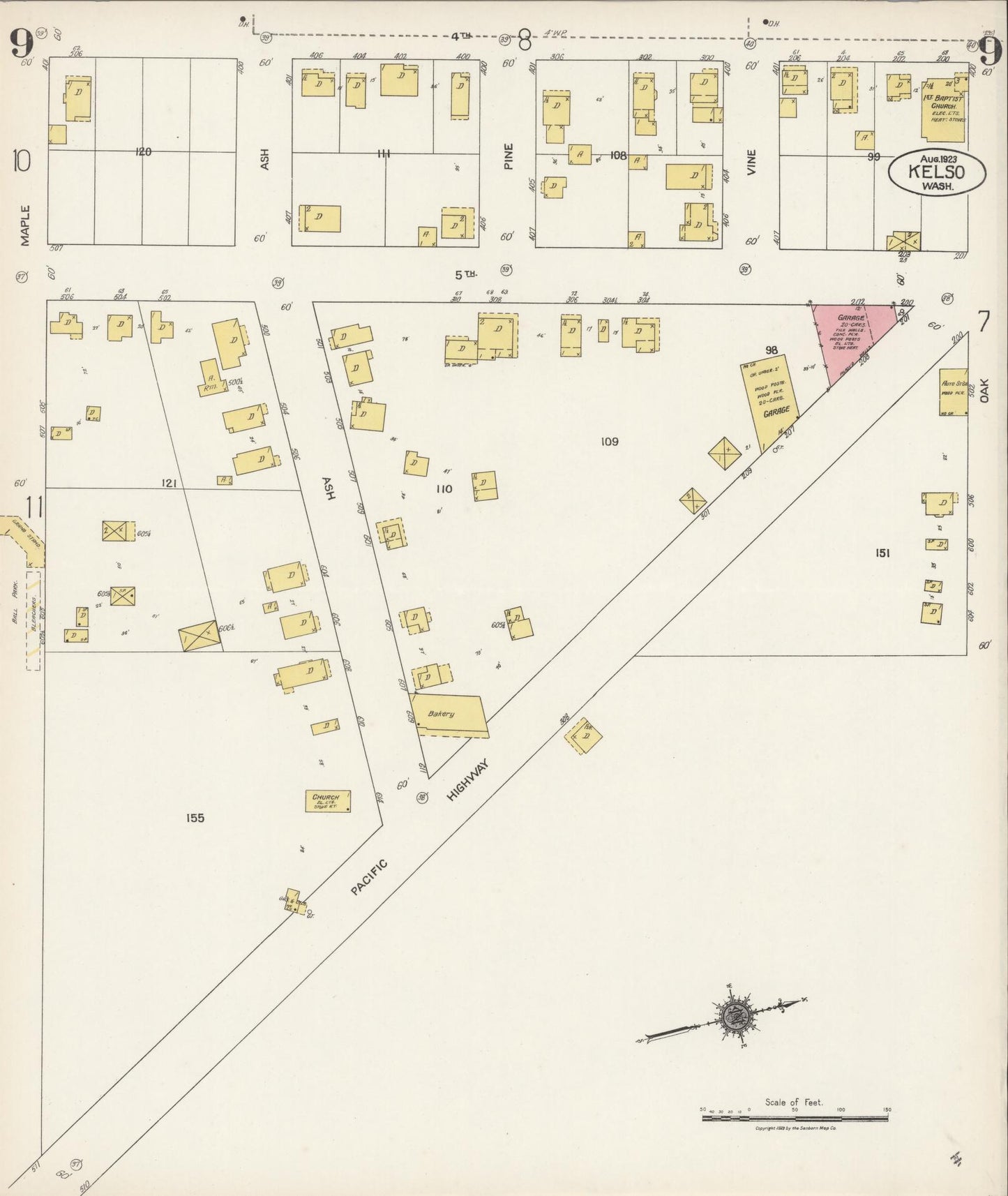 Sanborn Fire Insurance Map from Kelso, Cowlitz County, Washington (1923), Sheet #0009 - Complete Map Set gallery image, historic Sanborn map, vintage wall art, Washington Washington