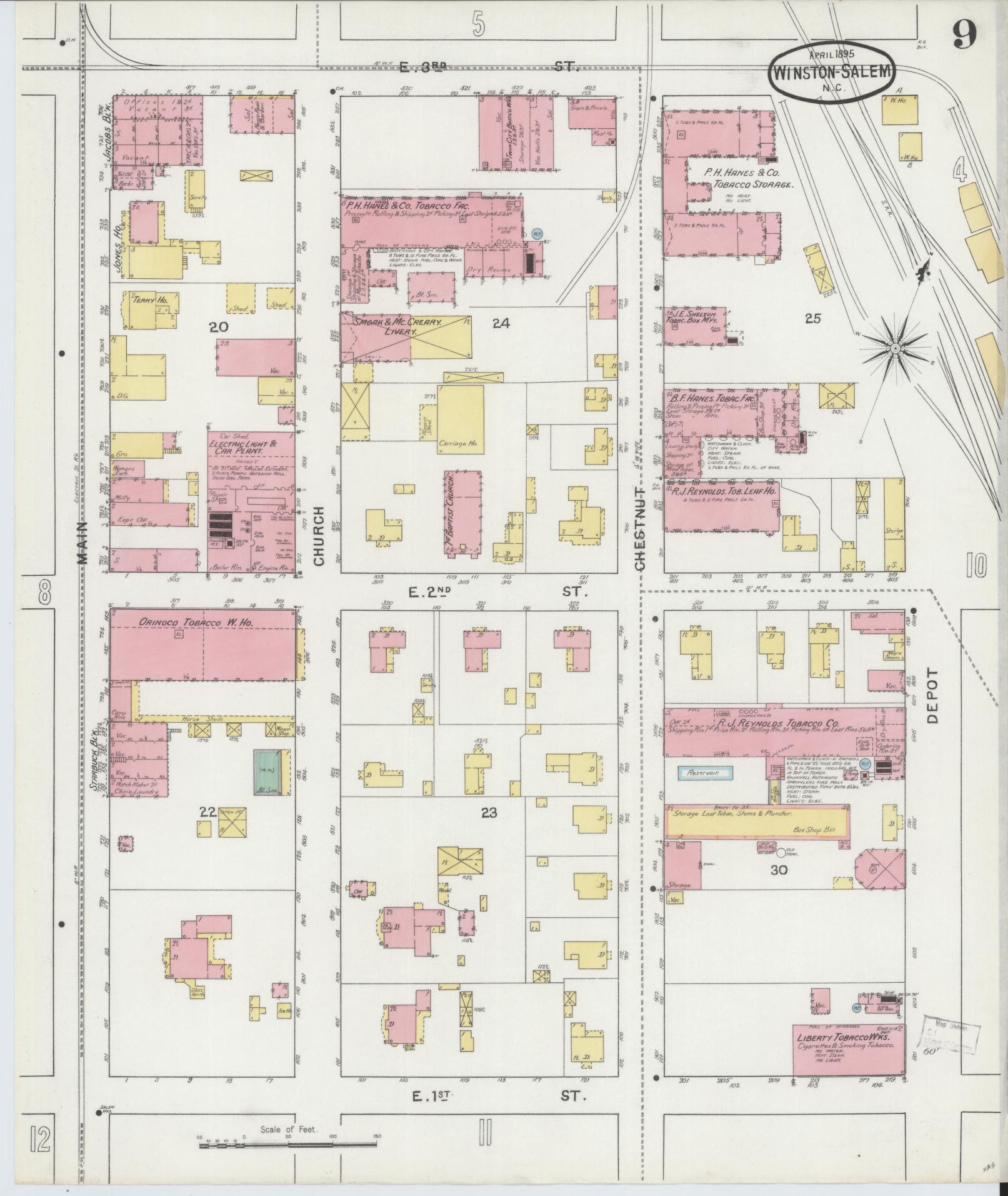 Sanborn Fire Insurance Map from Winston-Salem, Forsyth County, North Carolina (1895), Sheet #0009 - Historic Sanborn Fire Insurance Map Print, vintage old map wall art, antique decor, genealogy gift, North Carolina North Carolina map