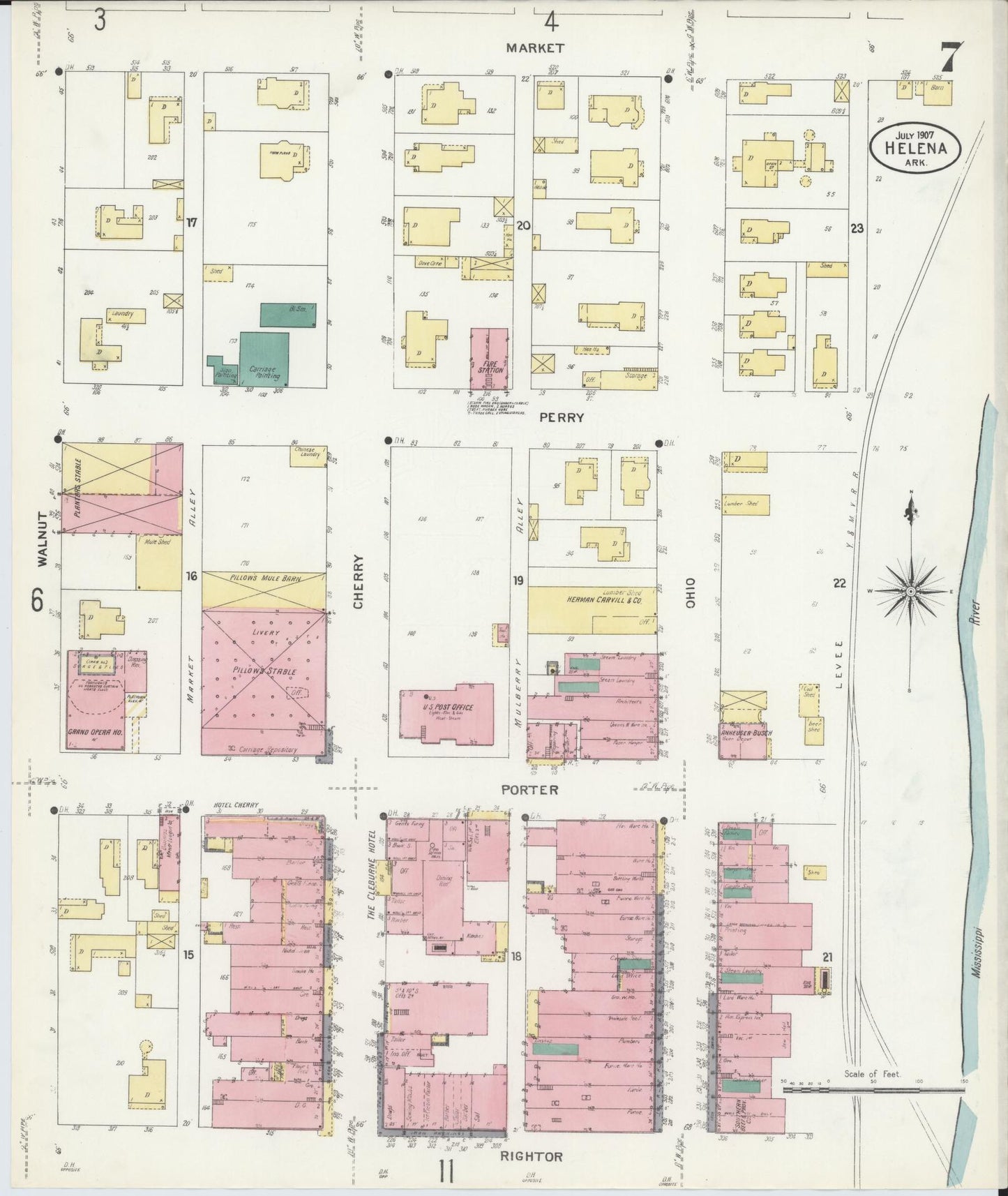 Sanborn Fire Insurance Map from Helena, Phillips County, Arkansas (1907), Sheet #0007 - Historic Sanborn Fire Insurance Map Print, vintage old map wall art, antique decor, genealogy gift, Arkansas Arkansas map