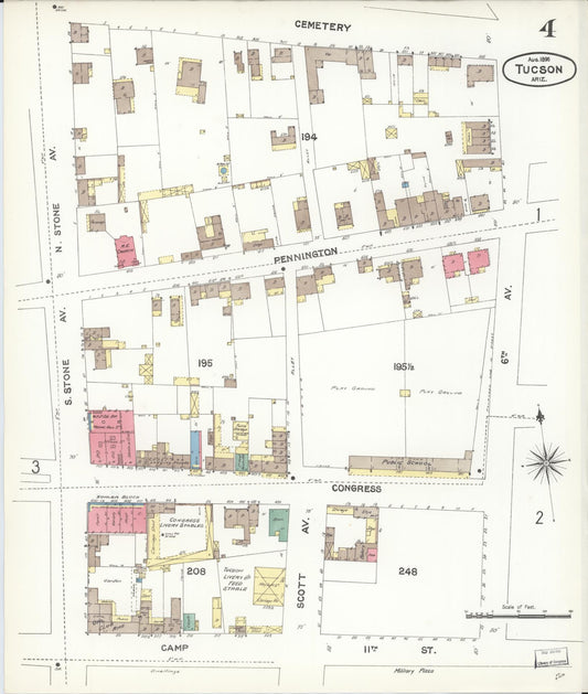 Sanborn Fire Insurance Map from Tucson, Pima County, Arizona (1896), Sheet #0004 - Historic Sanborn Fire Insurance Map Print, vintage old map wall art, antique decor, genealogy gift, Arizona Arizona map