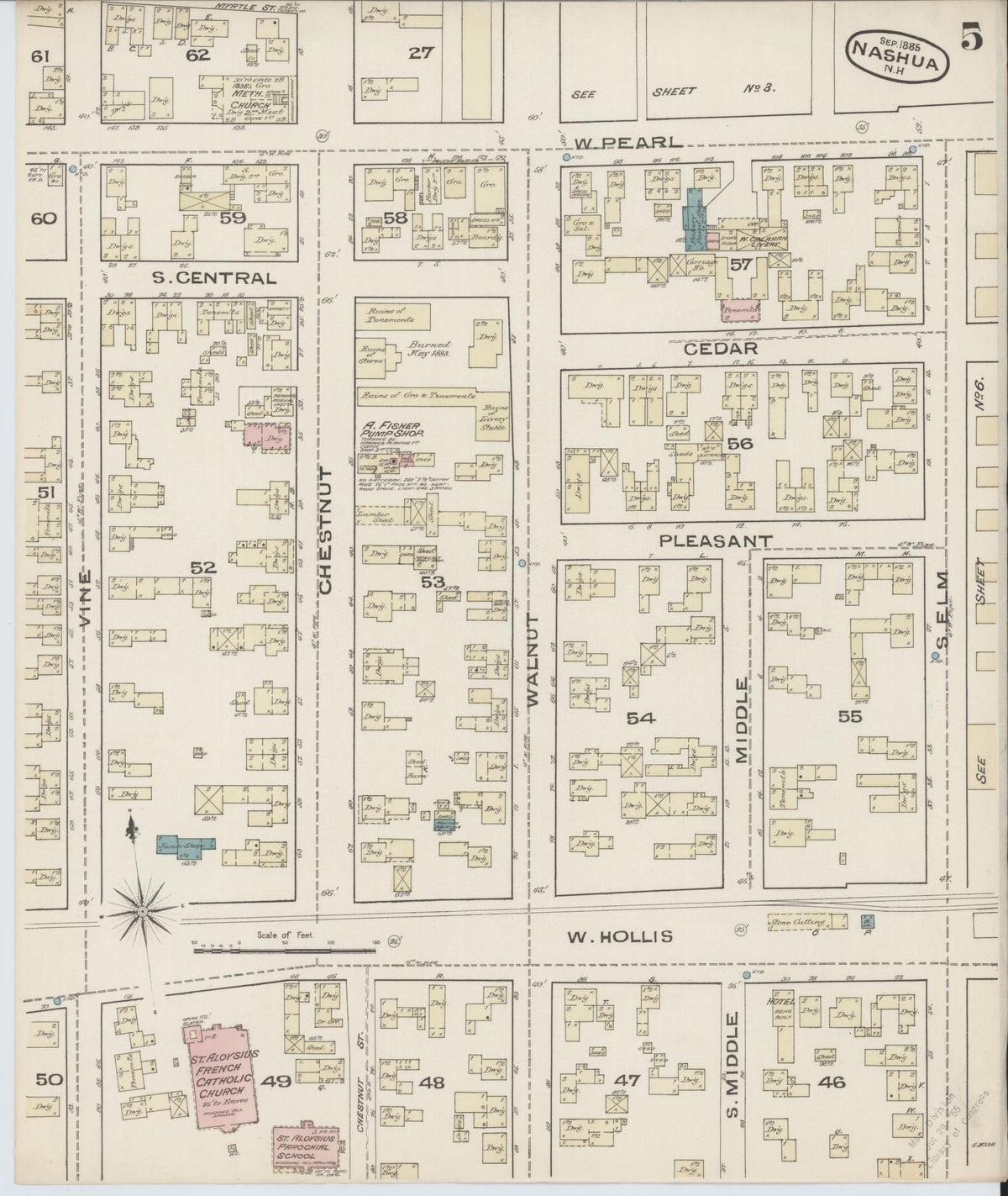 Sanborn Fire Insurance Map from Nashua, Hillsborough County, New Hampshire (1885), Sheet #0005 - Historic Sanborn Fire Insurance Map Print, vintage old map wall art, antique decor, genealogy gift, New Hampshire New Hampshire map
