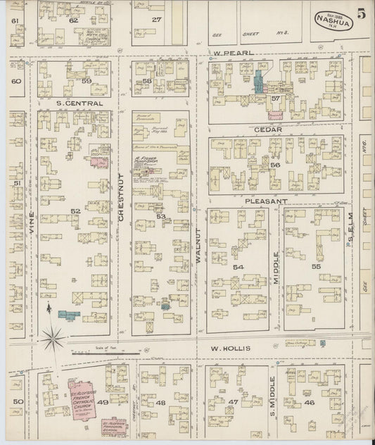 Sanborn Fire Insurance Map from Nashua, Hillsborough County, New Hampshire (1885), Sheet #0005 - Historic Sanborn Fire Insurance Map Print, vintage old map wall art, antique decor, genealogy gift, New Hampshire New Hampshire map