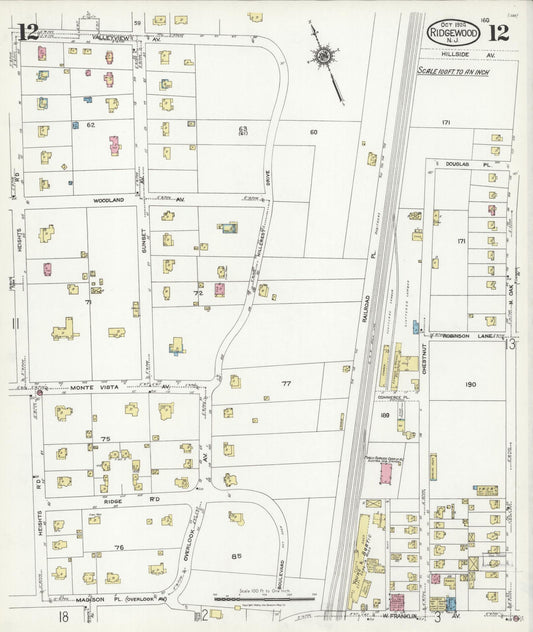 Sanborn Fire Insurance Map from Ridgewood, Bergen County, New Jersey (1924), Sheet #0012 - Historic Sanborn Fire Insurance Map Print, vintage old map wall art, antique decor, genealogy gift, New Jersey New Jersey map