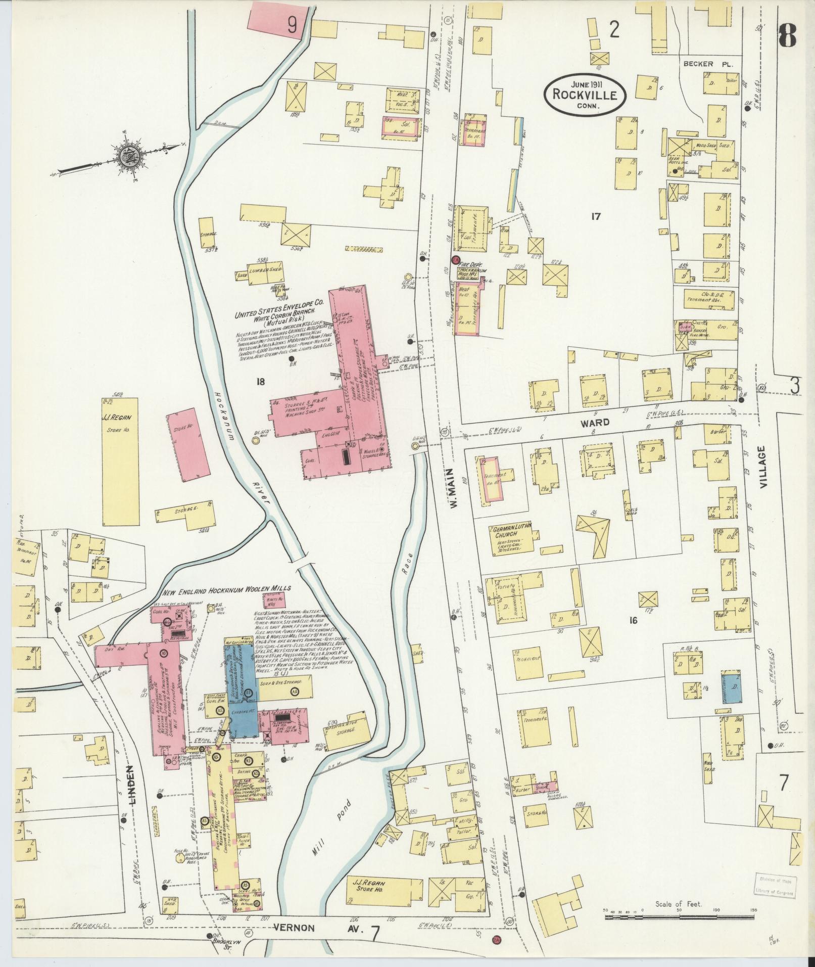 Sanborn Fire Insurance Map from Rockville, Tolland County, Connecticut (1911), Sheet #0008 - Complete Map Set gallery image, historic Sanborn map, vintage wall art, Connecticut Connecticut