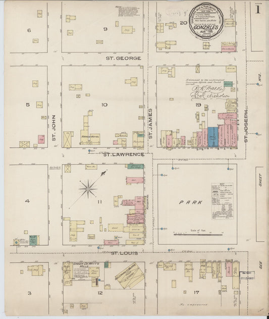 Sanborn Fire Insurance Map from Gonzales, Gonzales County, Texas (1885), Sheet #0001 - Historic Sanborn Fire Insurance Map Print, vintage old map wall art, antique decor, genealogy gift, Texas Texas map