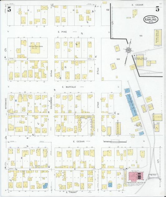 Sanborn Fire Insurance Map from Rawlins, Carbon County, Wyoming (1931), Sheet #0005 - Historic Sanborn Fire Insurance Map Print, vintage old map wall art, antique decor, genealogy gift, Wyoming Wyoming map