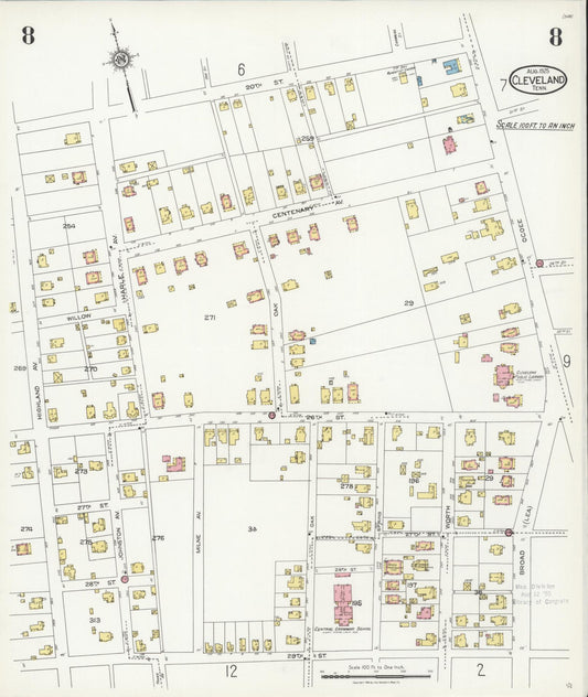 Sanborn Fire Insurance Map from Cleveland, Bradley County, Tennessee (1925), Sheet #0008 - Historic Sanborn Fire Insurance Map Print, vintage old map wall art, antique decor, genealogy gift, Tennessee Tennessee map