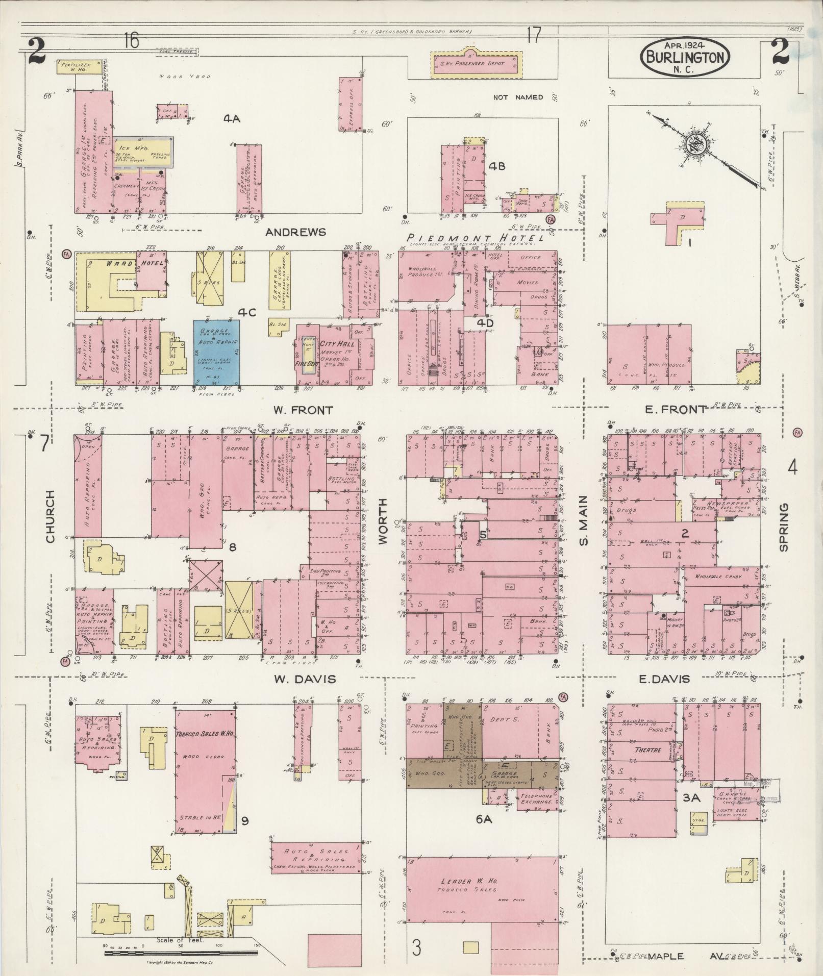 Sanborn Fire Insurance Map from Burlington, Alamance County, North Carolina (1924), Sheet #0002 - Complete Map Set gallery image, historic Sanborn map, vintage wall art, North Carolina North Carolina