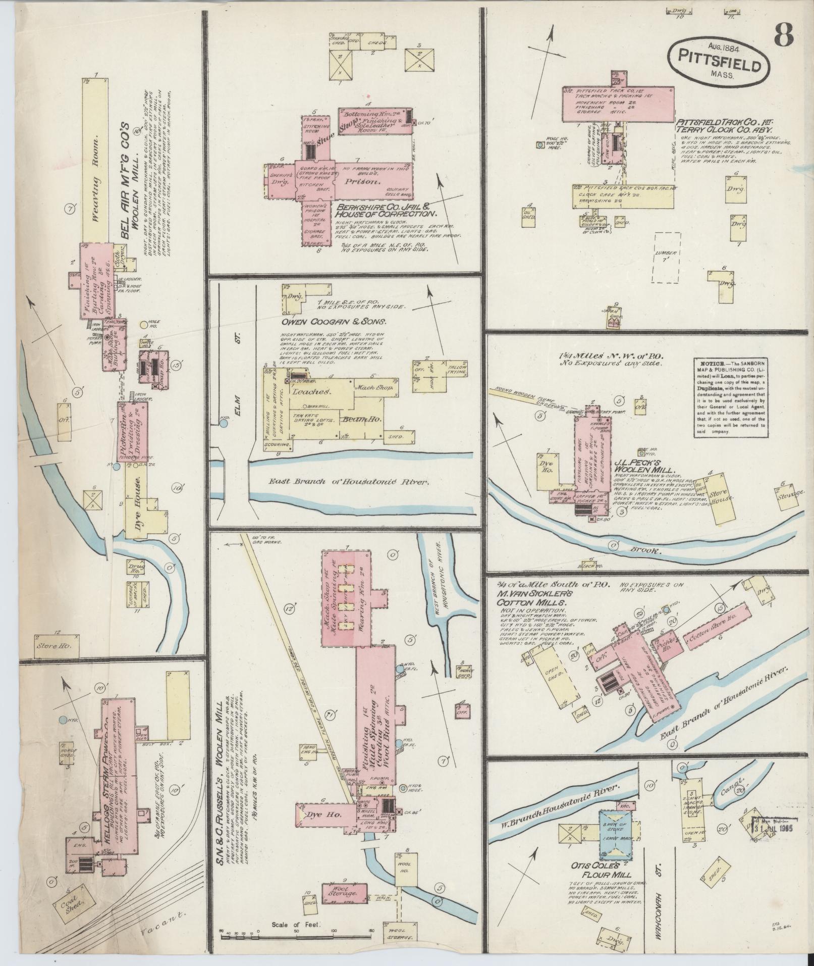Sanborn Fire Insurance Map from Pittsfield, Berkshire County, Massachusetts (1884), Sheet #0008 - Historic Sanborn Fire Insurance Map Print, vintage old map wall art, antique decor, genealogy gift, Massachusetts Massachusetts map