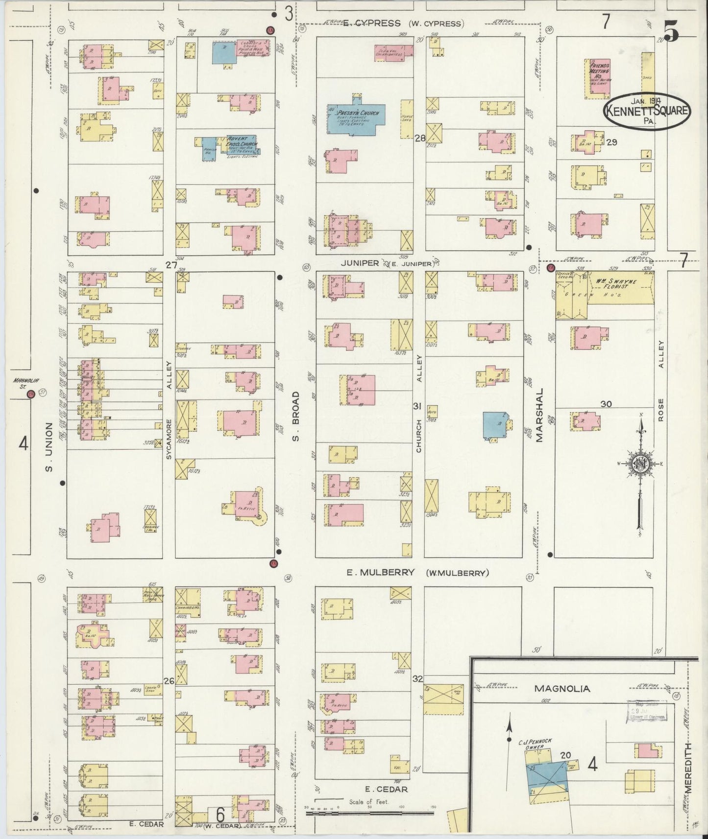 Sanborn Fire Insurance Map from Kennett Square, Chester County, Pennsylvania (1914), Sheet #0005 - Historic Sanborn Fire Insurance Map Print, vintage old map wall art, antique decor, genealogy gift, Pennsylvania Pennsylvania map