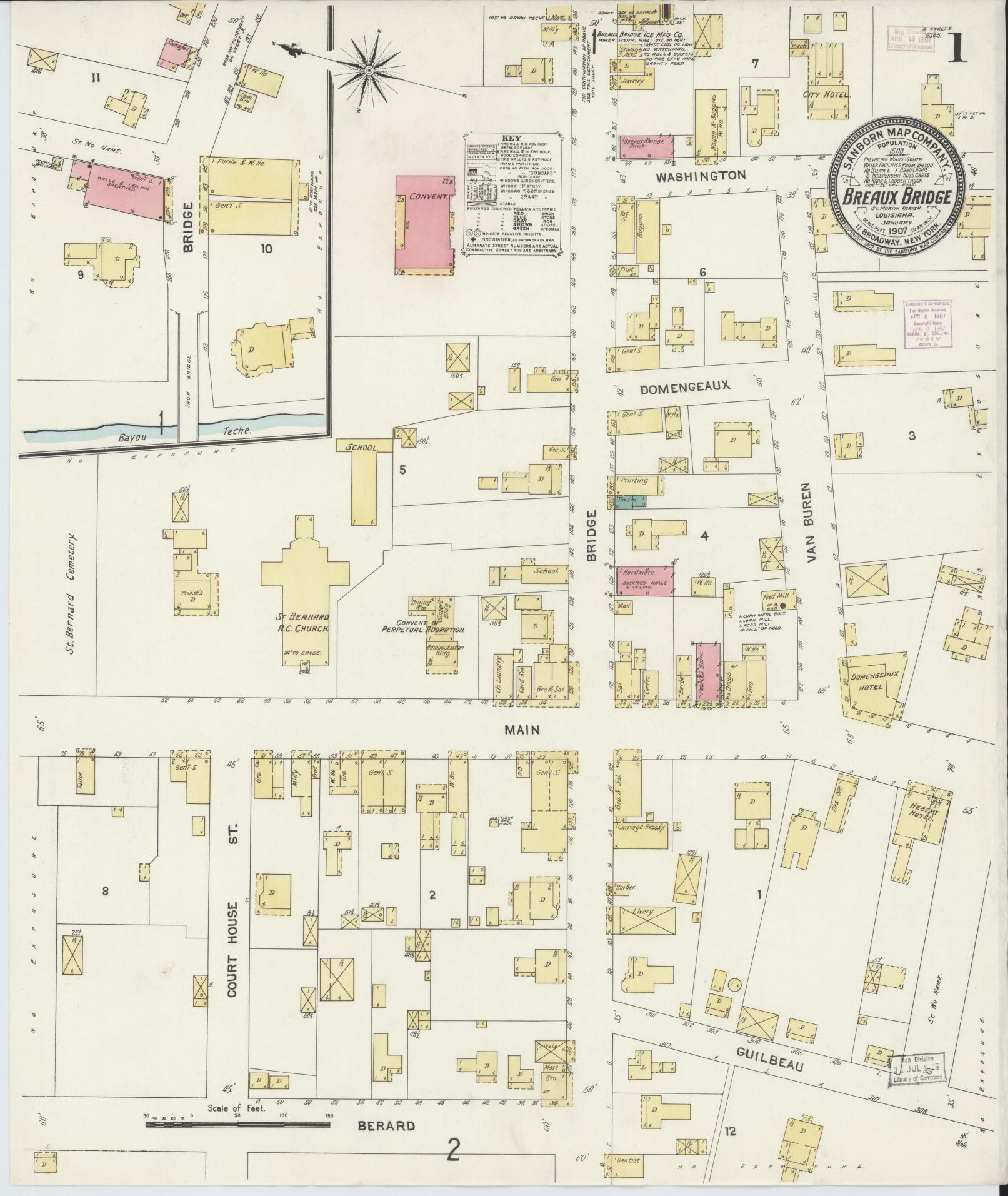 Sanborn Fire Insurance Map from Breaux Bridge, Saint Martin Parish, Louisiana (1907), Sheet #0001 - Historic Sanborn Fire Insurance Map Print, vintage old map wall art, antique decor, genealogy gift, Louisiana Louisiana map