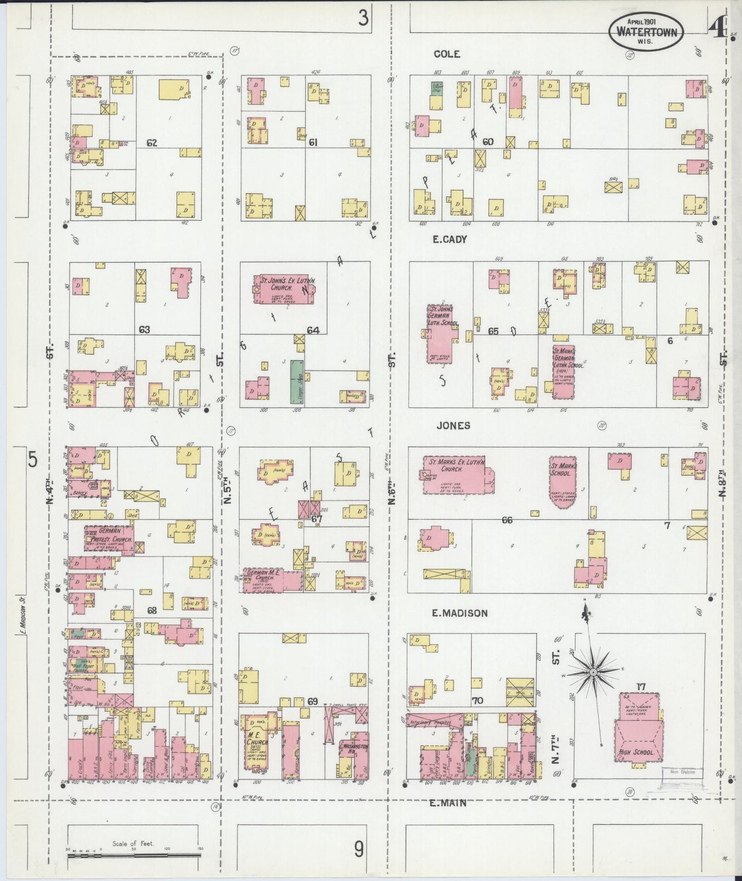 Sanborn Fire Insurance Map from Watertown, Jefferson County, Wisconsin (1901), Sheet #0004 - Historic Sanborn Fire Insurance Map Print, vintage old map wall art, antique decor, genealogy gift, Wisconsin Wisconsin map