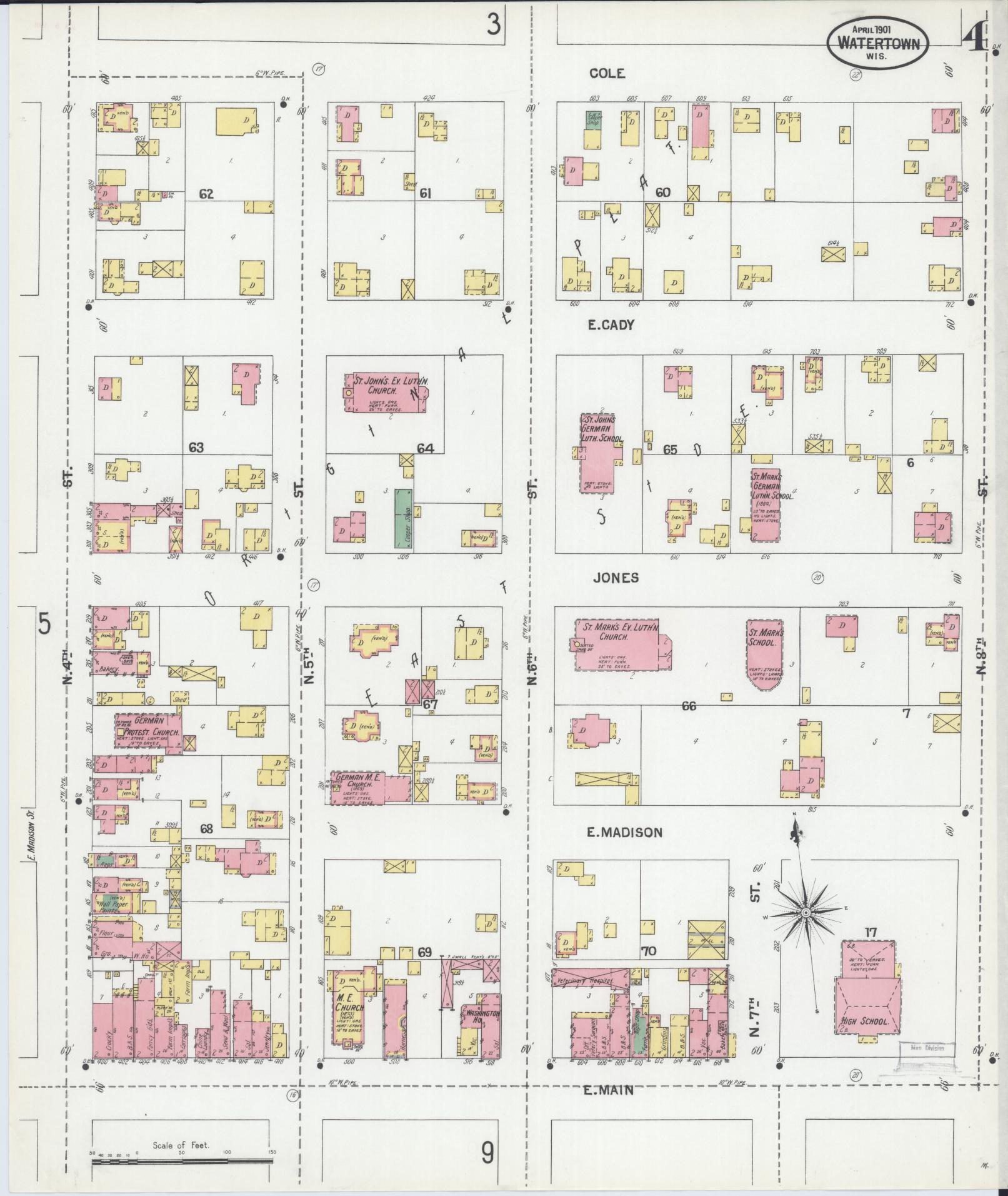 Sanborn Fire Insurance Map from Watertown, Jefferson County, Wisconsin (1901), Sheet #0004 - Historic Sanborn Fire Insurance Map Print, vintage old map wall art, antique decor, genealogy gift, Wisconsin Wisconsin map