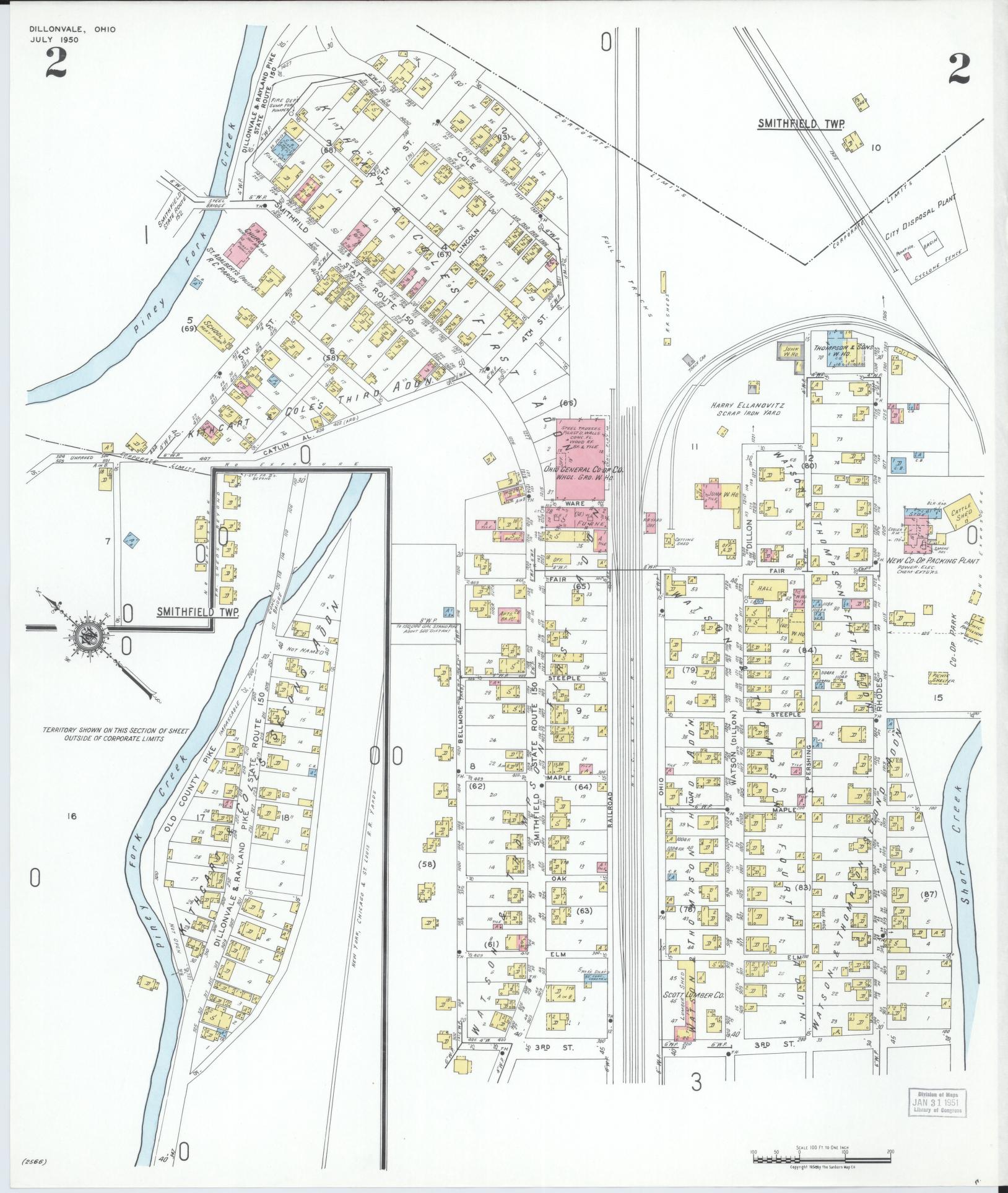 Sanborn Fire Insurance Map from Dillonvale, Jefferson County, Ohio (1950), Sheet #0002 - Historic Sanborn Fire Insurance Map Print, vintage old map wall art, antique decor, genealogy gift, Ohio Ohio map