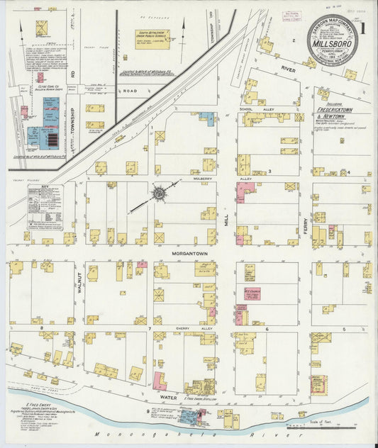 Sanborn Fire Insurance Map from Millsboro, Washington County, Pennsylvania (1911), Sheet #0001 - Historic Sanborn Fire Insurance Map Print, vintage old map wall art, antique decor, genealogy gift, Pennsylvania Pennsylvania map