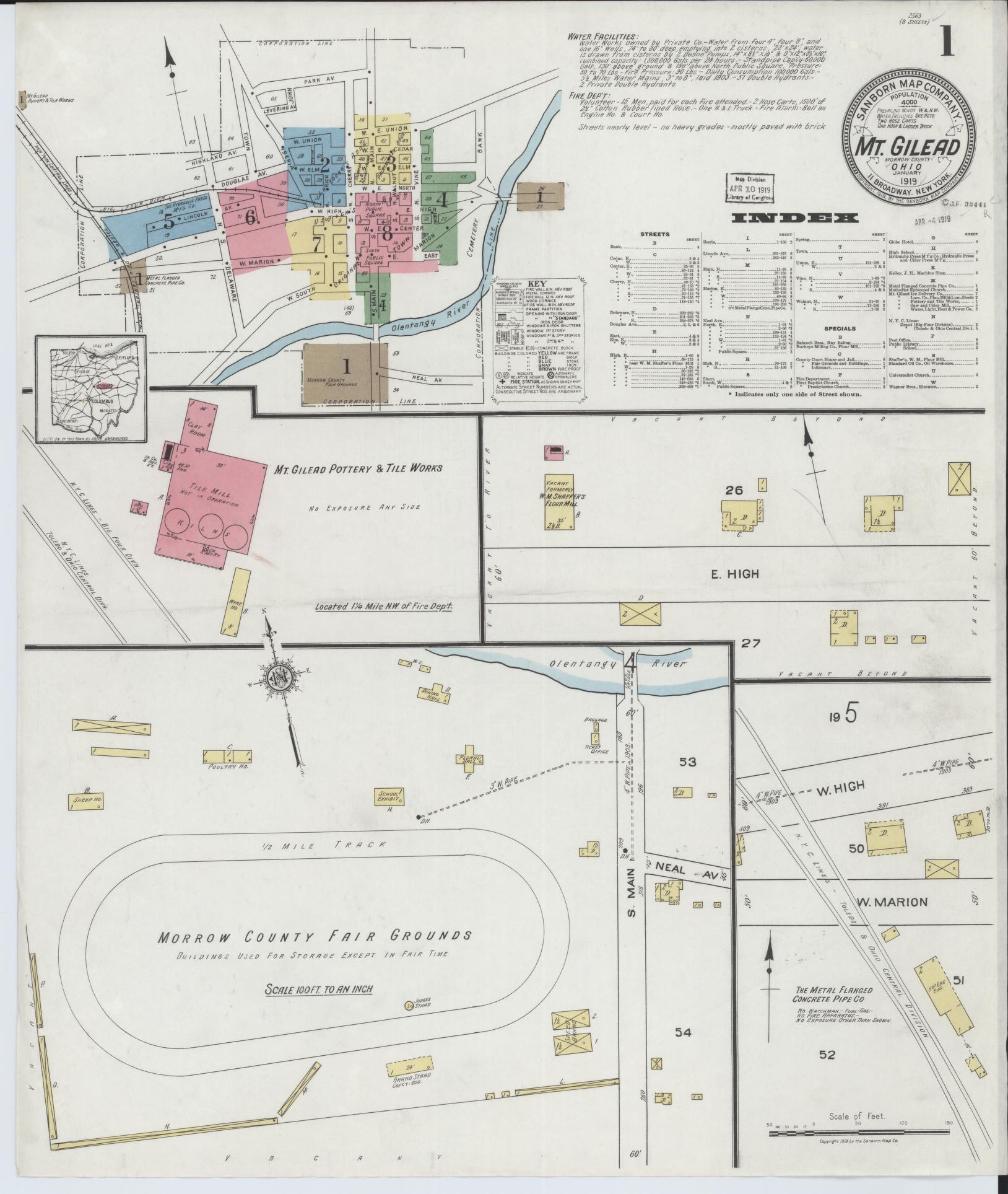 Sanborn Fire Insurance Map from Mount Gilead, Morrow County, Ohio (1919), Sheet #0001 - Historic Sanborn Fire Insurance Map Print, vintage old map wall art, antique decor, genealogy gift, Ohio Ohio map