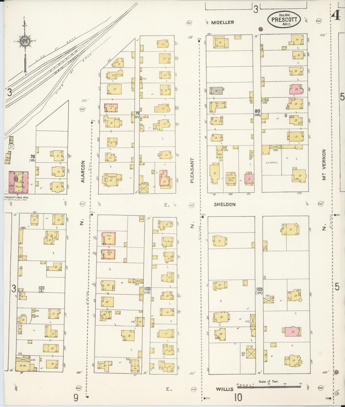 Sanborn Fire Insurance Map from Prescott, Yavapai County, Arizona (1910), Sheet #0004 - Complete Map Set gallery image, historic Sanborn map, vintage wall art, Arizona Arizona