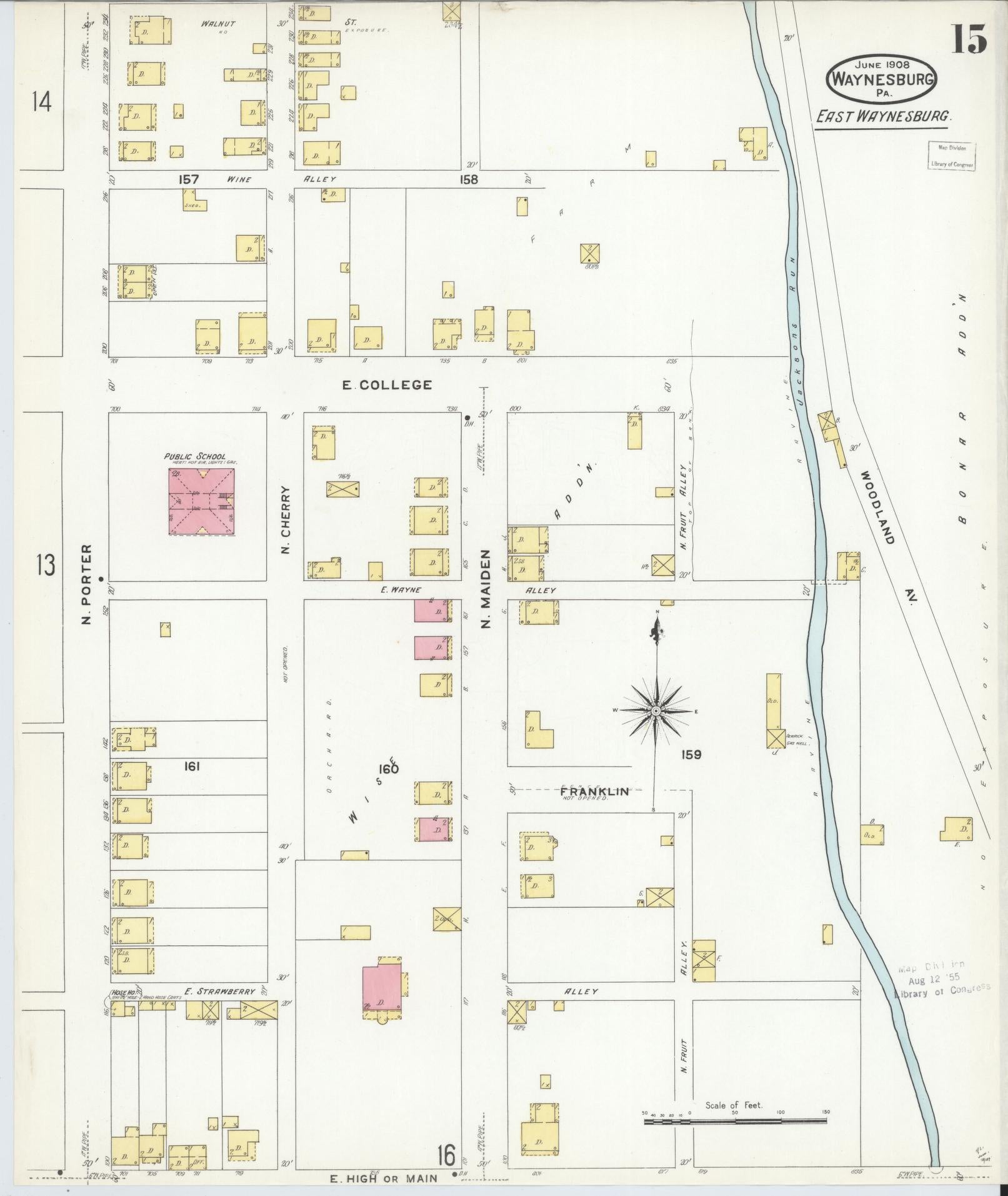 Sanborn Fire Insurance Map from Waynesburg, Greene County, Pennsylvania (1908), Sheet #0015 - Historic Sanborn Fire Insurance Map Print, vintage old map wall art, antique decor, genealogy gift, Pennsylvania Pennsylvania map