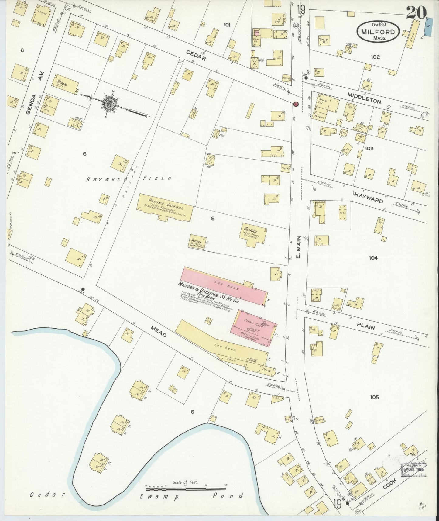 Sanborn Fire Insurance Map from Milford, Worcester County, Massachusetts (1910), Sheet #0020 - Historic Sanborn Fire Insurance Map Print, vintage old map wall art, antique decor, genealogy gift, Massachusetts Massachusetts map