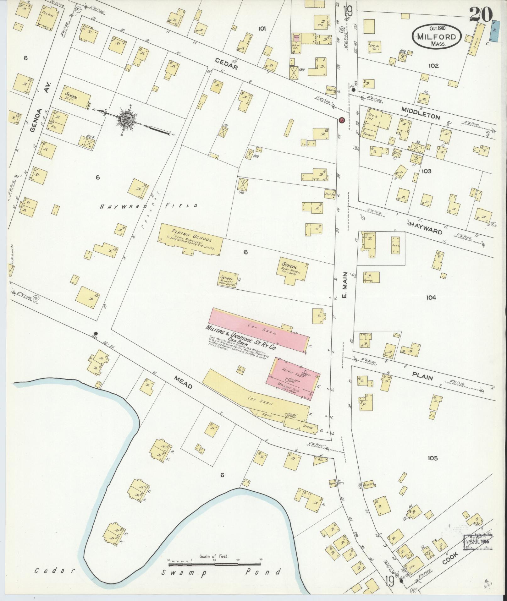 Sanborn Fire Insurance Map from Milford, Worcester County, Massachusetts (1910), Sheet #0020 - Historic Sanborn Fire Insurance Map Print, vintage old map wall art, antique decor, genealogy gift, Massachusetts Massachusetts map