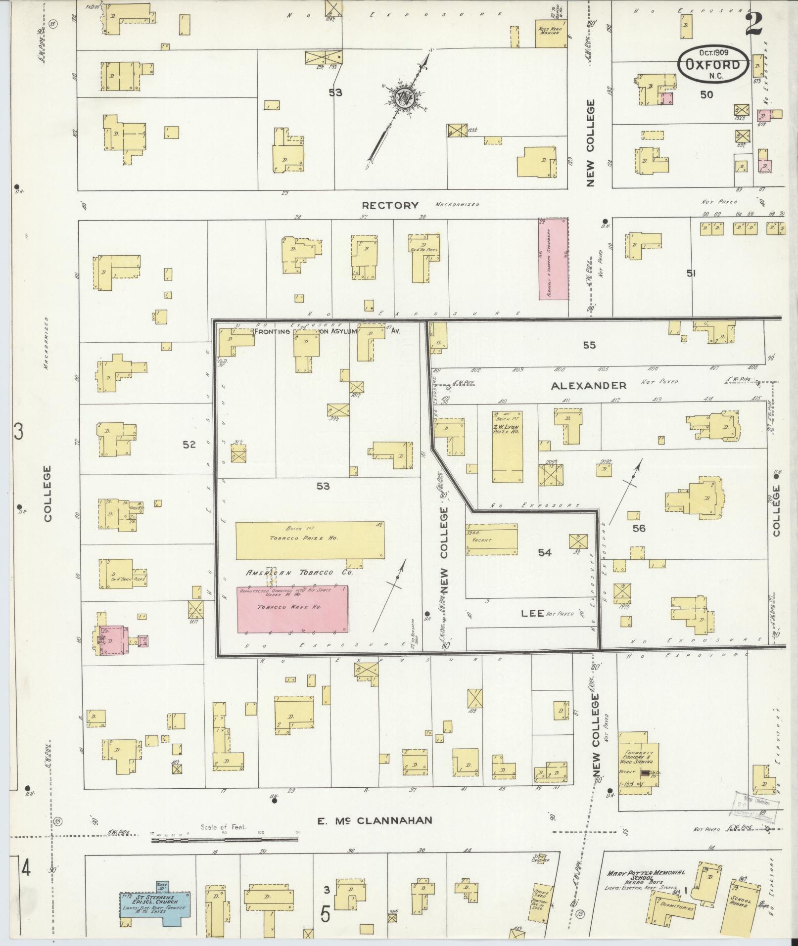 Sanborn Fire Insurance Map from Oxford, Granville County, North Carolina (1909), Sheet #0002 - Historic Sanborn Fire Insurance Map Print, vintage old map wall art, antique decor, genealogy gift, North Carolina North Carolina map