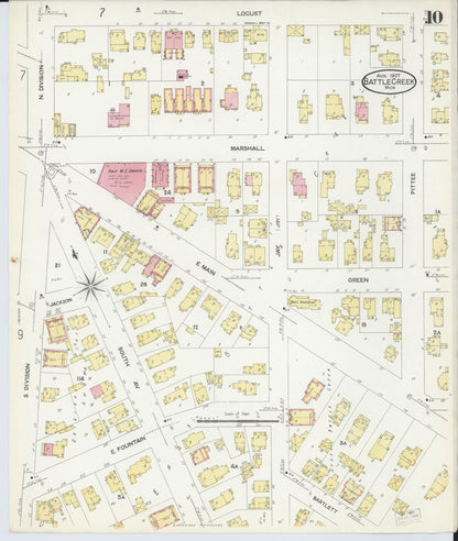 Sanborn Fire Insurance Map from Battle Creek, Calhoun County, Michigan (1907), Sheet #0010 - Complete Map Set gallery image, historic Sanborn map, vintage wall art, Michigan Michigan