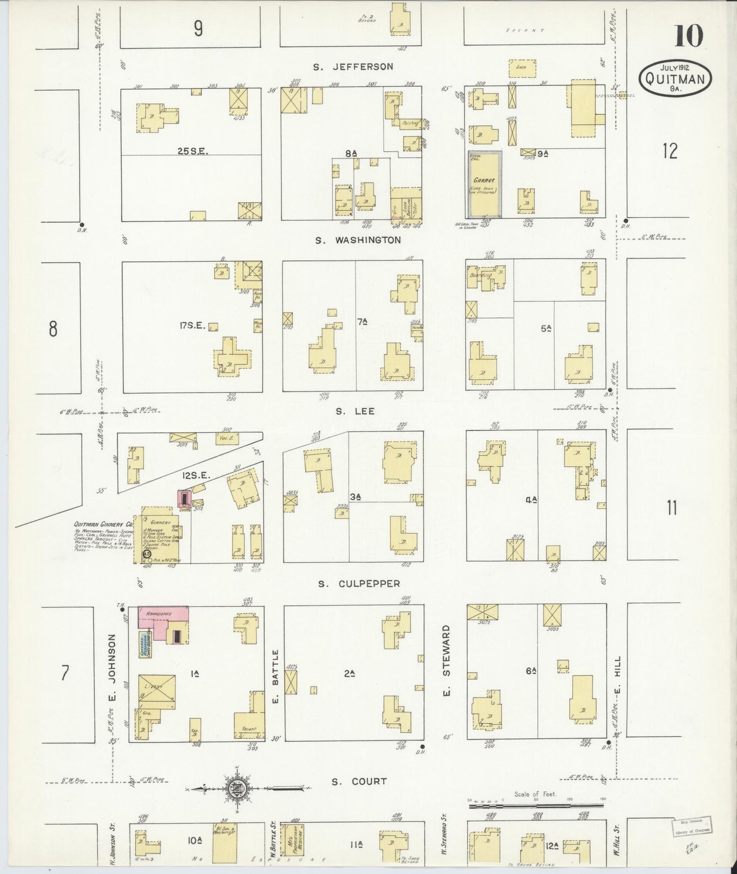Sanborn Fire Insurance Map from Quitman, Brooks County, Georgia (1912), Sheet #0010 - Complete Map Set gallery image, historic Sanborn map, vintage wall art, Georgia Georgia