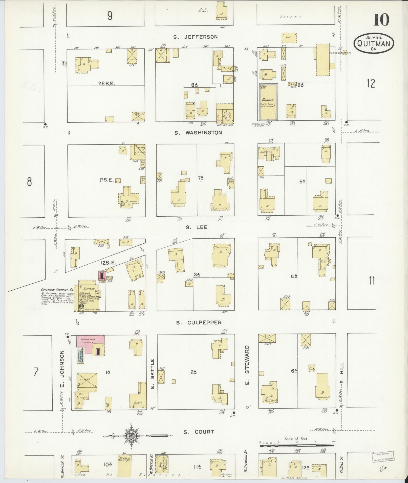 Sanborn Fire Insurance Map from Quitman, Brooks County, Georgia (1912), Sheet #0010 - Complete Map Set gallery image, historic Sanborn map, vintage wall art, Georgia Georgia