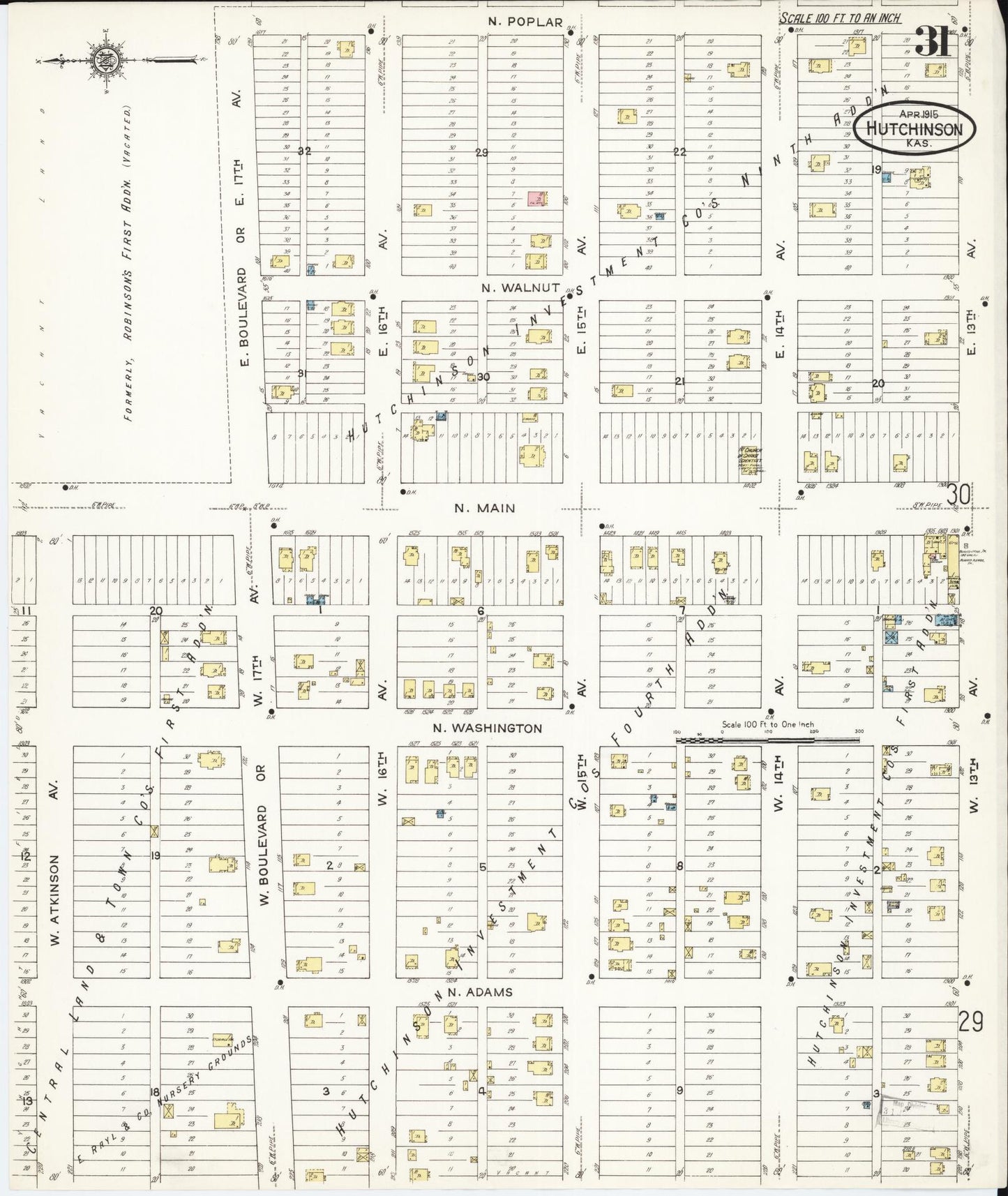 Sanborn Fire Insurance Map from Hutchinson, Reno County, Kansas (1915), Sheet #0032 - Historic Sanborn Fire Insurance Map Print, vintage old map wall art, antique decor, genealogy gift, Kansas Kansas map