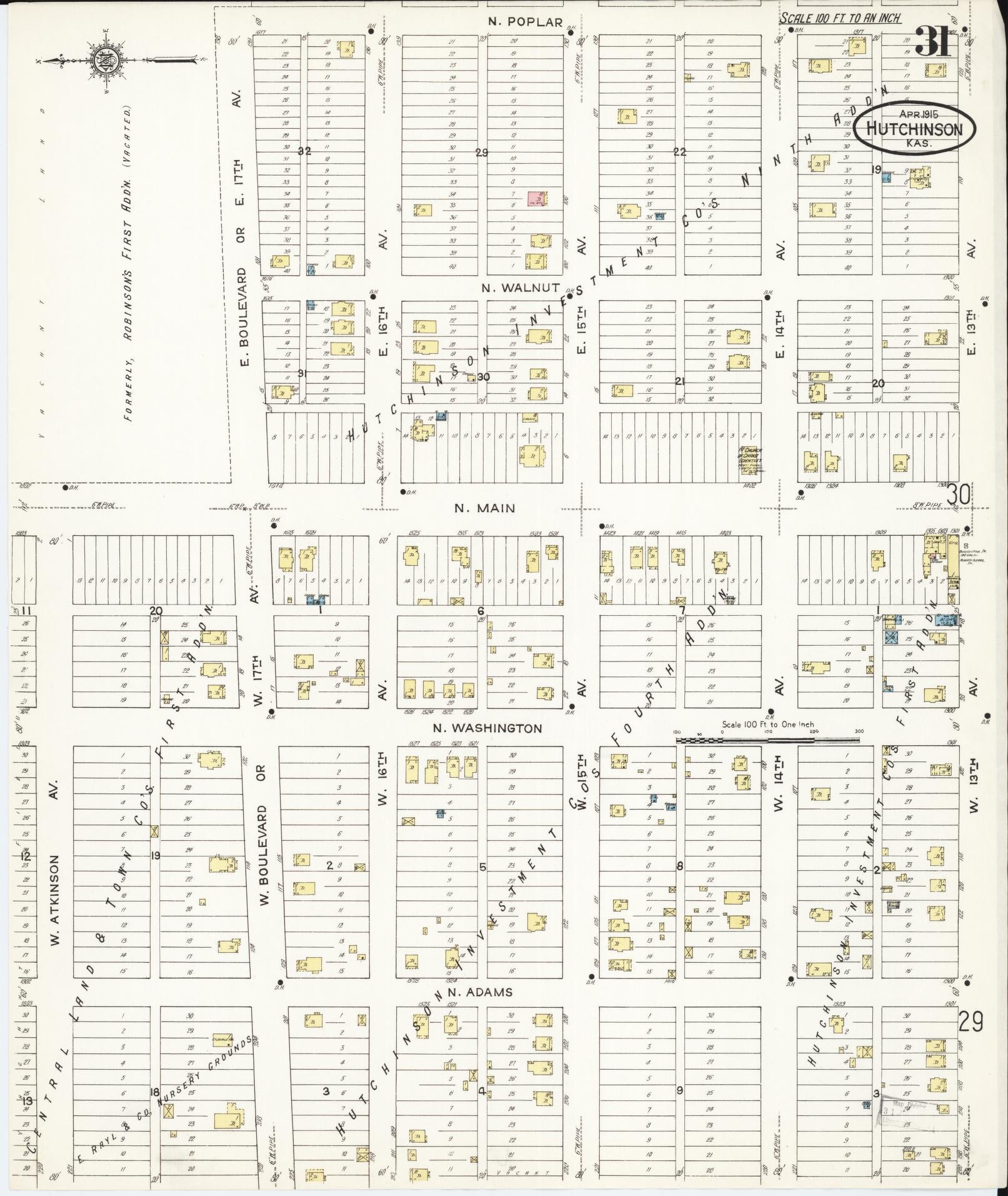 Sanborn Fire Insurance Map from Hutchinson, Reno County, Kansas (1915), Sheet #0032 - Historic Sanborn Fire Insurance Map Print, vintage old map wall art, antique decor, genealogy gift, Kansas Kansas map
