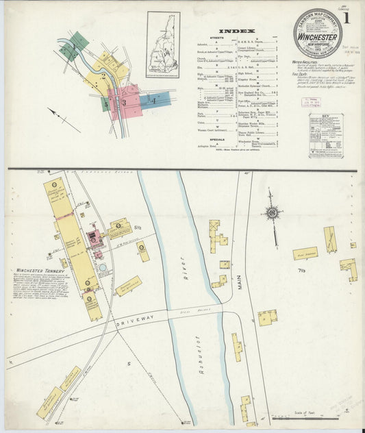 Sanborn Fire Insurance Map from Winchester, Cheshire County, New Hampshire (1913), Sheet #0001 - Historic Sanborn Fire Insurance Map Print, vintage old map wall art, antique decor, genealogy gift, New Hampshire New Hampshire map
