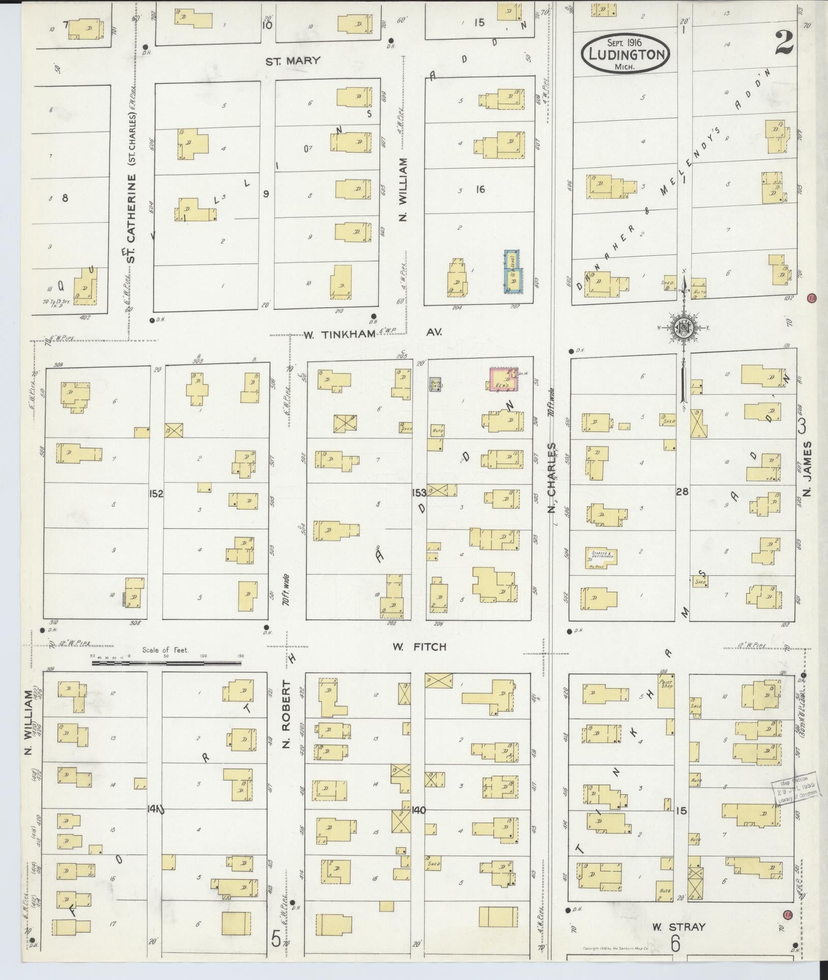 Sanborn Fire Insurance Map from Ludington, Mason County, Michigan (1916), Sheet #0002 - Complete Map Set gallery image, historic Sanborn map, vintage wall art, Michigan Michigan