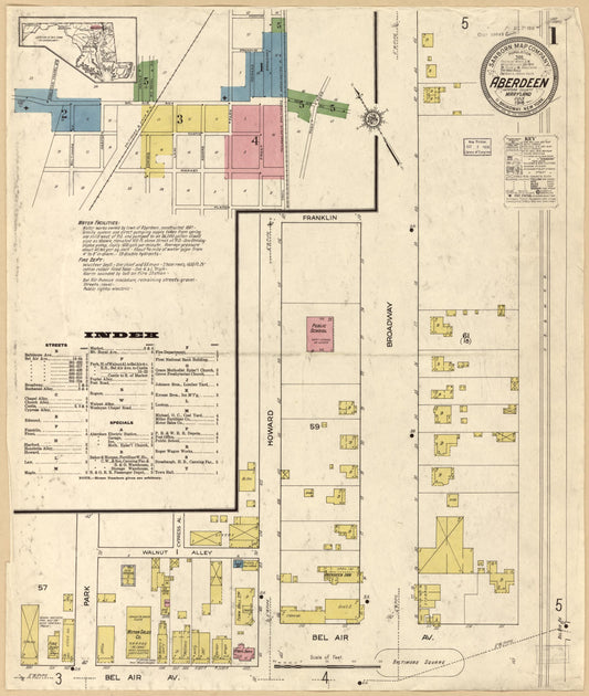 Sanborn Fire Insurance Map from Aberdeen, Harford County, Maryland (1916), Sheet #0001 - Historic Sanborn Fire Insurance Map Print, vintage old map wall art, antique decor, genealogy gift, Maryland Maryland map