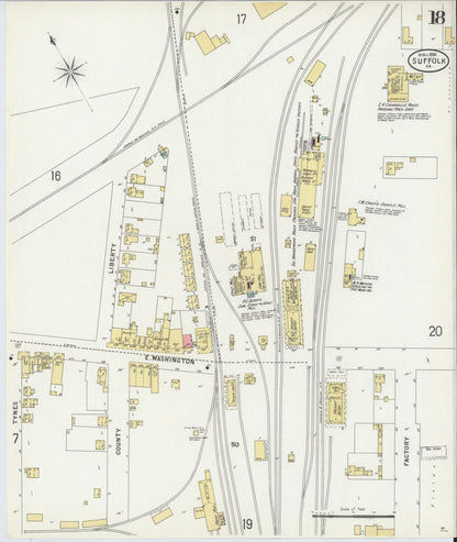 Sanborn Fire Insurance Map from Suffolk, Independent Cities, Virginia (1898), Sheet #0018 - Complete Map Set gallery image, historic Sanborn map, vintage wall art, Virginia Virginia