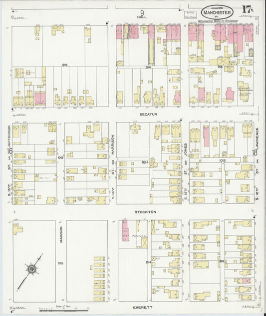 Sanborn Fire Insurance Map from Manchester, Chesterfield County, Virginia (1910), Sheet #0017 - Historic Sanborn Fire Insurance Map Print, vintage old map wall art, antique decor, genealogy gift, Virginia Virginia map