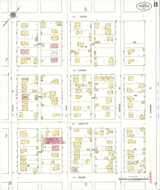 Sanborn Fire Insurance Map from Pocatello, Bannock County, Idaho (1921), Sheet #0008 - Historic Sanborn Fire Insurance Map Print, vintage old map wall art, antique decor, genealogy gift, Idaho Idaho map
