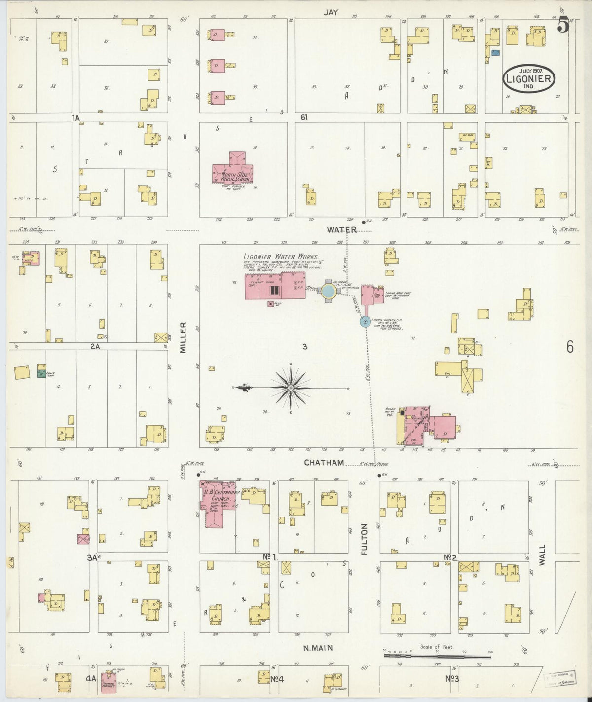 Sanborn Fire Insurance Map from Ligonier, Noble County, Indiana (1907), Sheet #0005 - Historic Sanborn Fire Insurance Map Print, vintage old map wall art, antique decor, genealogy gift, Indiana Indiana map