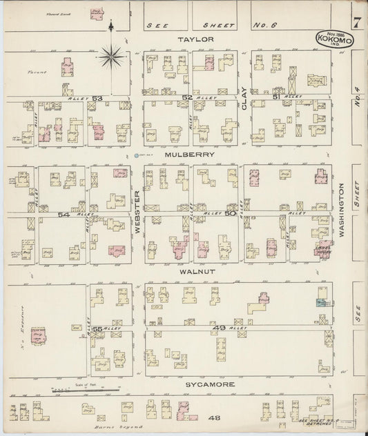 Sanborn Fire Insurance Map from Kokomo, Howard County, Indiana (1885), Sheet #0007 - Historic Sanborn Fire Insurance Map Print, vintage old map wall art, antique decor, genealogy gift, Indiana Indiana map
