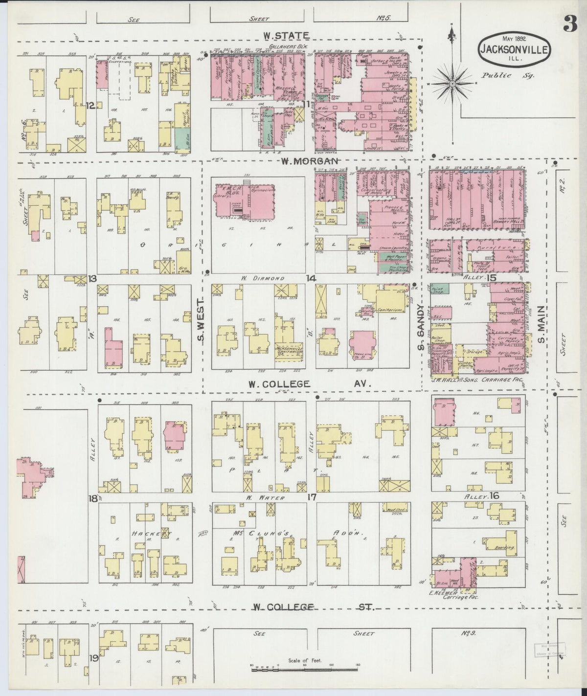 Sanborn Fire Insurance Map from Jacksonville, Morgan County, Illinois (1892), Sheet #0003 - Complete Map Set gallery image, historic Sanborn map, vintage wall art, Illinois Illinois